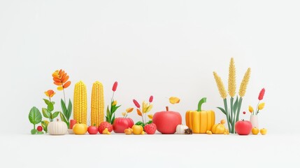 A vibrant arrangement of fresh fruits and vegetables with colorful flowers, creating a cheerful and healthy atmosphere.