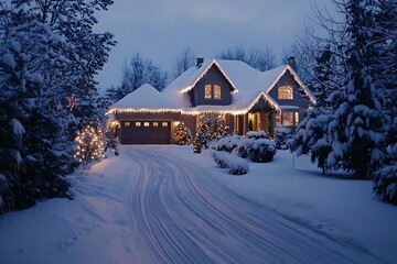 Winter home decorated with lights and snow, driveway marked by tires.