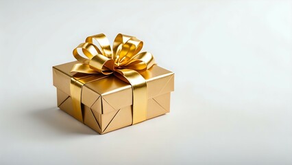 Obraz premium A golden gift box with a golden bow on a white background.