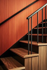 Modern staircase with zebrawood paneling and warm ambiance.