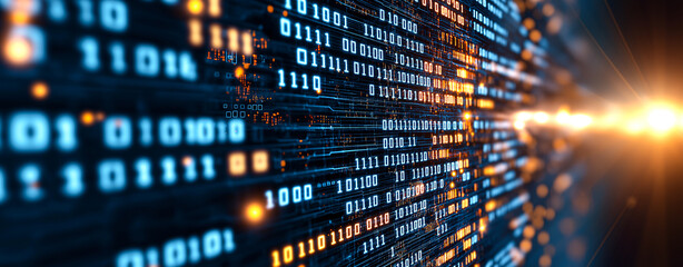 Obraz premium Digital data technology background with glowing binary code, representing flow of information and connectivity in modern digital landscape