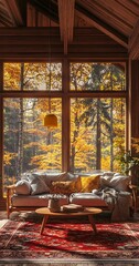 Living room with large windows, modern sofa, and nature views.