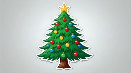 Cartoon Christmas tree with star and colorful ornaments, white background.
