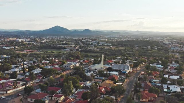  Windhoek Cental SDA Church, Namibia aerial shot at sunset.