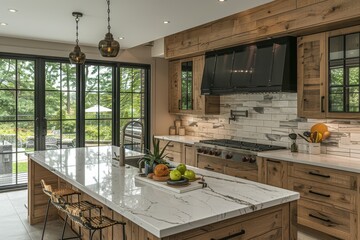 Modern Farmhouse Kitchen with Oak Cabinets, Black Accents, and Marble Countertop