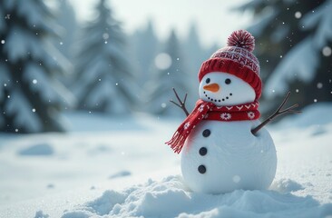 Fototapeta premium snowman wearing a scarf and hat with the snowy landscape