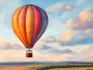 Obraz premium A vibrant hot air balloon floats gracefully over a picturesque landscape, capturing the essence of adventure and serenity.