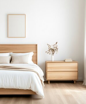 bedroom with bed and bed cupboard, scandinavic