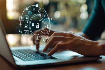 Enhance your online security with this concept image showcasing hands typing on laptop, surrounded by digital lock icons representing cybersecurity