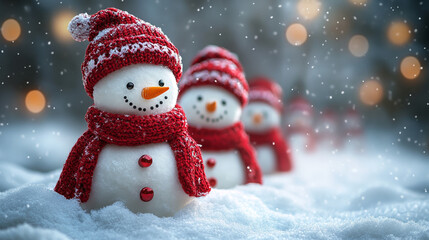 Fototapeta premium cute knitted snowmans sitting on soft snow 