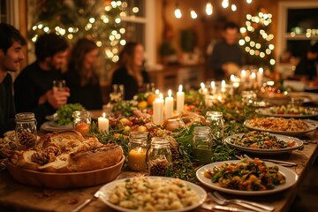 Fototapeta premium Sustainable Thanksgiving: Family Gathered Around a Large Eco-Friendly Thanksgiving Table Set with Reusable Plates and Utensils