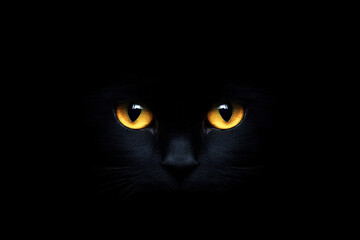 Halloween cat. Yellow eyes of a black cat on a black background.