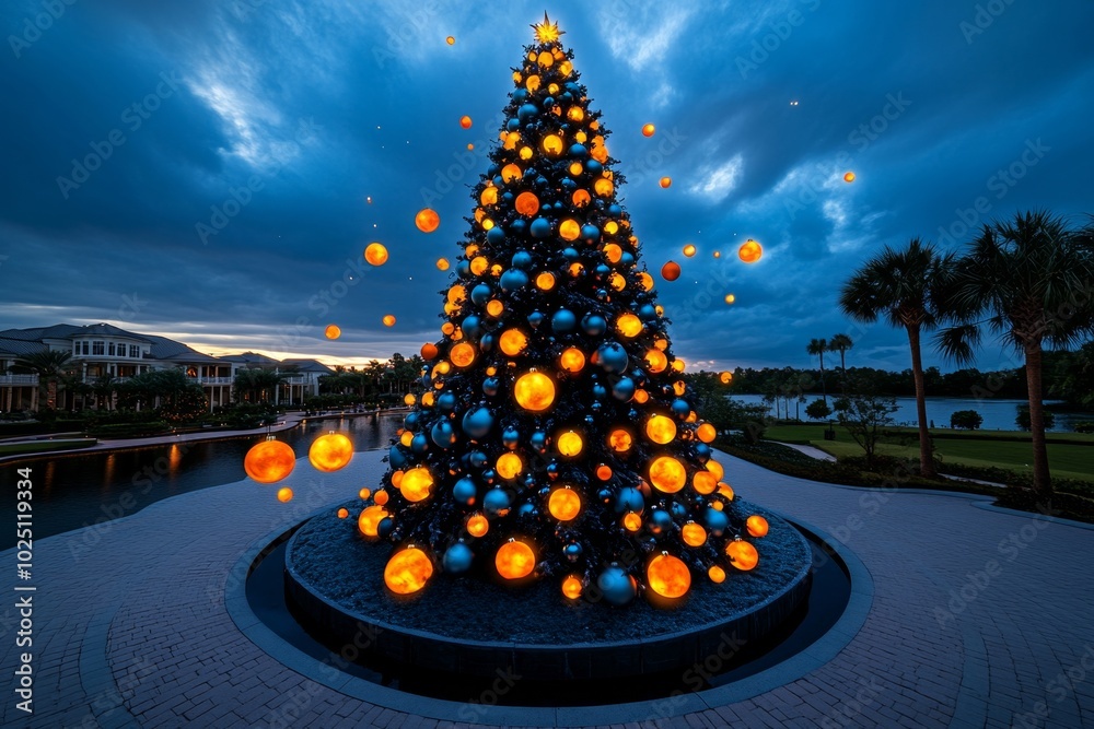 Aufkleber Enchanted Christmas tree, where ornaments float around the tree, glowing softly and creating magical light patterns, with a mystical aura surrounding the tree
