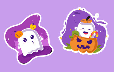 Cute ghost characters sticker set with small pumpkins on head and with purple background, clouds, stars in flat style for halloween, decorations, wallpapers