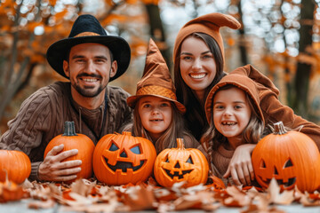 Fototapeta premium Halloween families in gnome costumes on the background of the autumn forest and Halloween pumpkins.