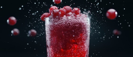 Refreshing berry soda with bubbles and splashes on a dark background, showcasing vibrant colors and lively motion.
