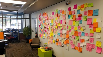 15. A creative brainstorming session with sticky notes on a wall