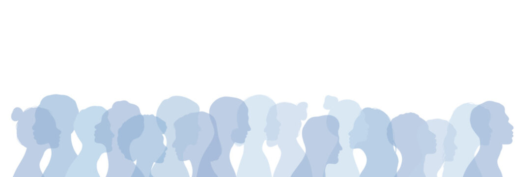 Diverse people banner, blue white crowd cover image with human silhouettes, wide background or footer design