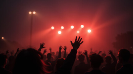Music festival with dancing people and light effects