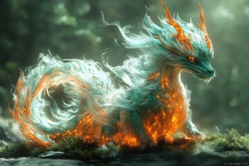 Naklejka premium Majestic Mystical Creature with Fiery Aura in Enchanted Forest