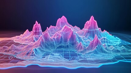 An abstract 3D mountain range visualization with vibrant colors, showcasing a futuristic landscape and intricate details.
