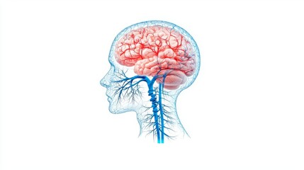Illustration of a human head with a detailed brain, showcasing the nervous system for educational and medical purposes.