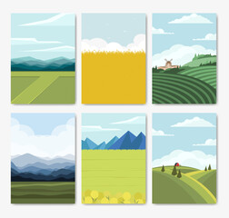 Naklejka premium Nature field landscape in harvesting season. Cartoon summer spring autumn scenes with green farmland