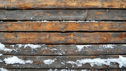 Close Up Textue of snow covered wooden planks. Snowy winter background texture