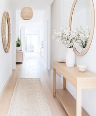 modern house corridor interior with big round mirror