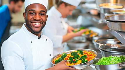 Young African American smiling chef holding a bowl of fresh vegetables in kitchen. Professional chef in busy kitchen displaying nutritious food.