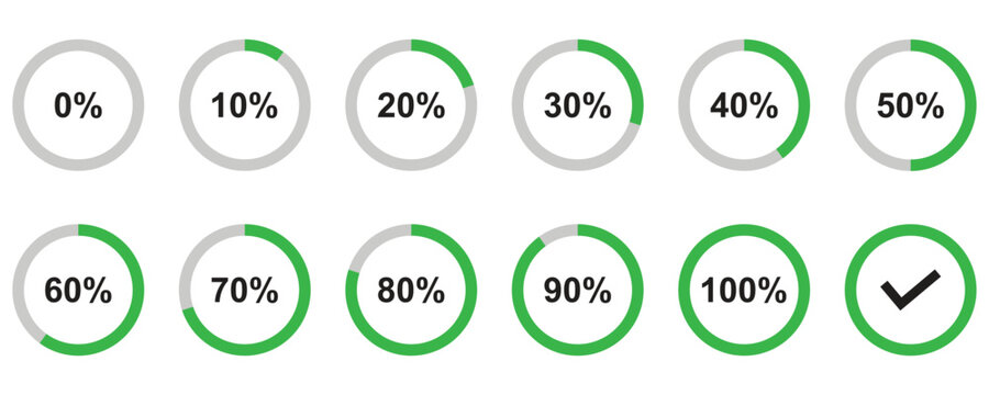 Circle loading or Circular Progress Indicator Icon Sign Symbol, Vector Set of percentage chart diagram for infographics 0 10 20 30 40 50 60 70 80 90 100 percent in green and grey color