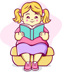 Cute Little Girl Reading Book Cartoon Illustration