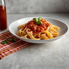 Delicious juicy pasta with Tomato Sauce with some salad served and plate pasta dish
