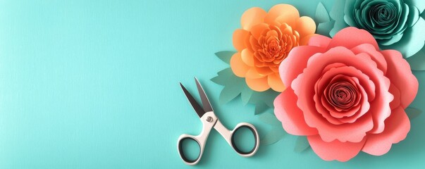 Vibrant paper flowers with ornamental scissors on a teal background, perfect for creative projects and DIY crafts.