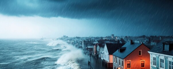 Dramatic coastal storm scene with intense waves crashing against urban buildings under dark clouded sky.