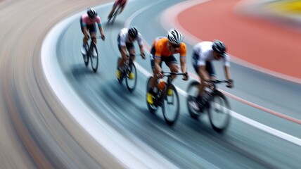 Obraz premium Dynamic scene of cyclists racing on a track, showcasing speed and determination in a competitive cycling environment.