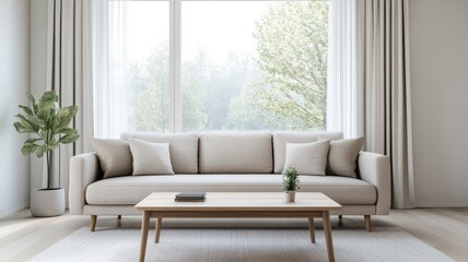 Fototapeta premium Modern living room with a cozy sofa, stylish coffee table, and natural light streaming through large windows.