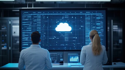 Scientists analyzing data on a large screen in a high-tech lab featuring cloud computing graphics.