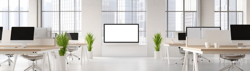 Fototapeta premium Modern office workspace featuring sleek computers, bright windows, and lush plants for a professional atmosphere.