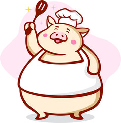 Funny Fat Pig Chef Cartoon Illustration