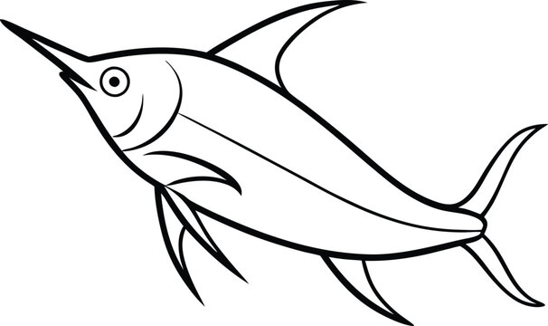 Vector flying fish outline jumping. Sea flying fish line art drawing. Monochrome black and white sketch sea animals isolated on white background.