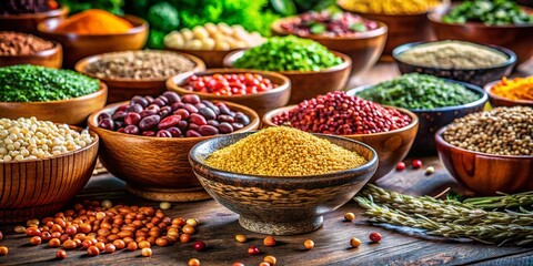 Discover Different Types of Groats in Bowls for Healthy Nutrition and Balanced Diet Close-Up Food Photography