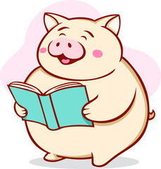 Funny Fat Pig Reading Book Cartoon Illustration