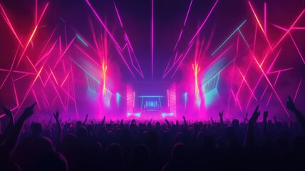 Vibrant concert scene with colorful lights illuminating a crowd enjoying live music and an electrifying atmosphere.