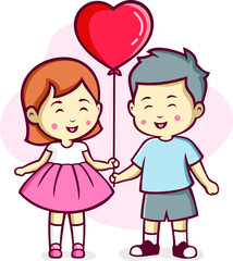 Kids Holding Love Balloon Cartoon Illustration