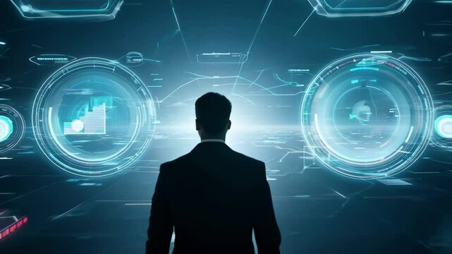 A businessman looks into a futuristic digital interface displaying financial and data analytics, symbolizing modern technology and innovation in business strategy.