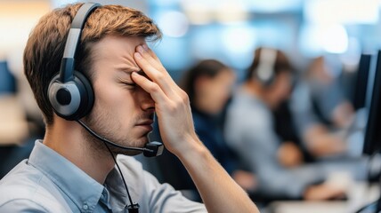 Stressed male call center agent with headset showing frustration while working in a busy office environment.