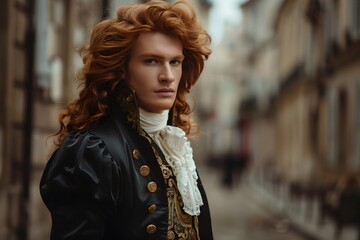 A Regal Portrait of a Young Man in Historical Attire with Flowing Curls