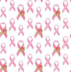 Vector seamless pattern with pink ribbons and flowers. Breast cancer concept 