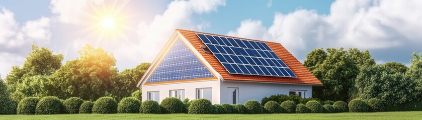 Fototapeta premium Modern house with solar panels on roof, surrounded by greenery, showcasing renewable energy and sustainable living in bright sunlight.